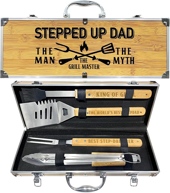 Step Dad Gifts from Daughter Christmas Heavy Duty Wooden BBQ Grilling Accessories Kit for Backyard, Thick Stainless Steel Grill Utensils with Non-Slip Handle Tools in Portable Bag Birthday