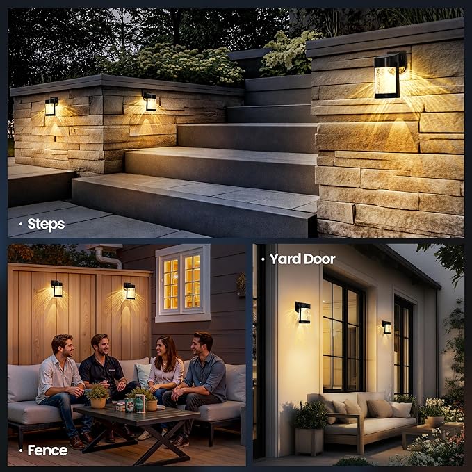 PEVOROS 1 Pack Solar Fence Lights Outdoor, Crackled Glass Wall Light for Porch, Fence, Shed, Barn, Patio, Glass Crackle Lampshade with Warm LED Light