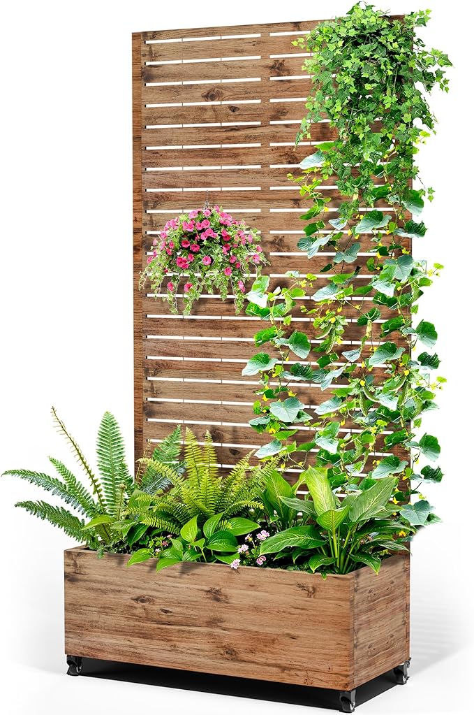 Metal Raised Garden Bed with Trellis, 2-in-1 Planter Box & Privacy Screen for Climbing Plants, Outdoor Standing Flower Bed with Drainage Holes, 35.4" L x 15.7" W x 70.1" H, Natural Wood Grain