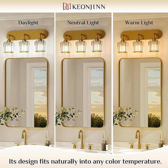 Keonjinn 3-Light Gold Bathroom Light Fixtures, Crystal Bathroom Vanity Lights Over Mirror, Gold Vanity Lighting Fixtures with Crystal Square Shades (E26 Base, Blub Not Included)