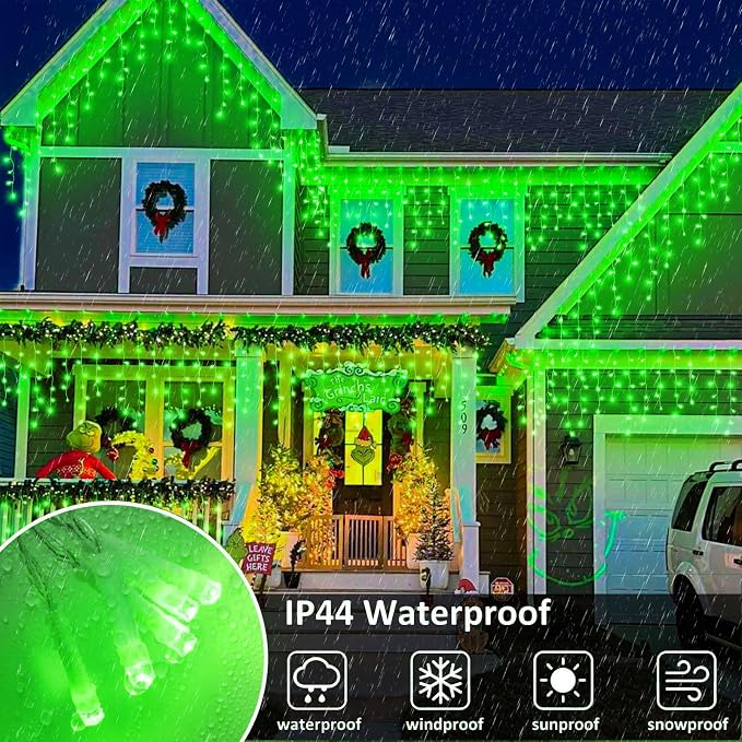 Icicle Christmas Lights Outdoor - 66FT 640 LED Icicle Lights for Outside with 8 Modes Timer, 120 Drops Waterproof Connectable Hanging String Lights Indoor House Party Roof Yard Decorations, Green