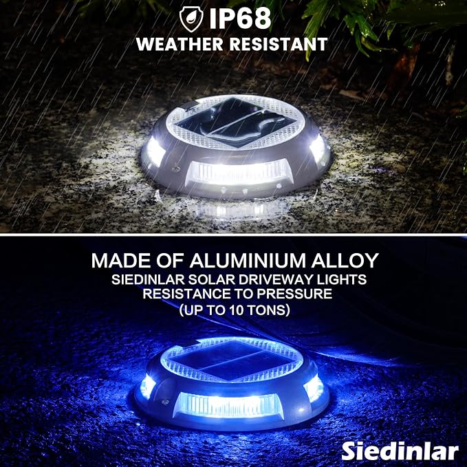 SIEDiNLAR Solar Driveway Lights Outdoor 16 LEDs 9 Modes, Dock Markers Deck Lights Waterproof Warning for Driveway Walkway Step Pathway Ground Yard Garden, RGB (8 Pack)