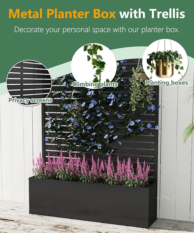 Metal Planter Box with Trellis,70.9"x47.2"x15.7" Raised Garden Bed with Drainage Holes, Privacy Planters for Outdoor Garden Bed for Climbing Plants,Vegetables,and Vines, Black-louvered