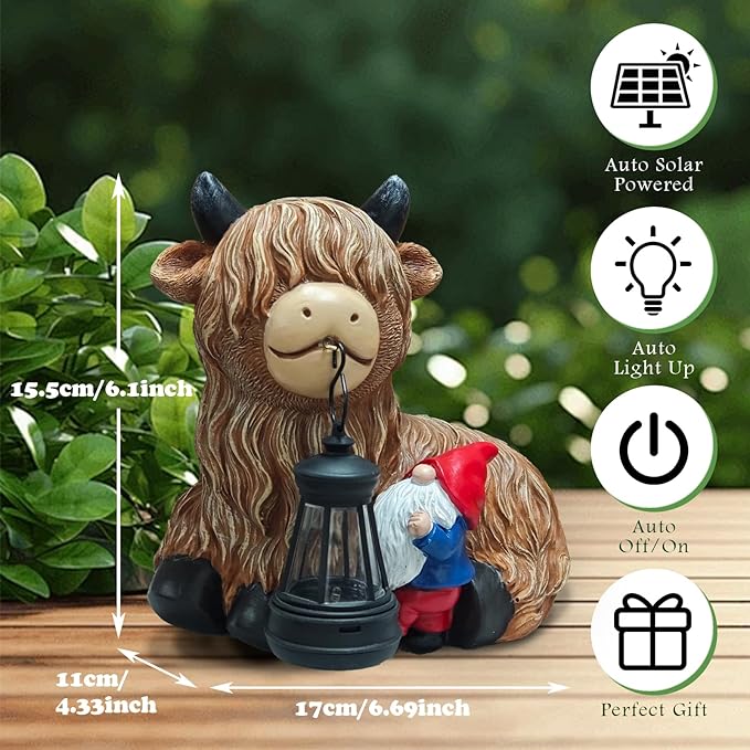 Highland Cow Gnome Solar Statues Decor - Garden Gnomes Statues Highland Cattle Mouth with Lights, Outdoor Ornaments Funny Decoration for Yard, Patio, Unique Gifts Birthday for Women, Mother Day
