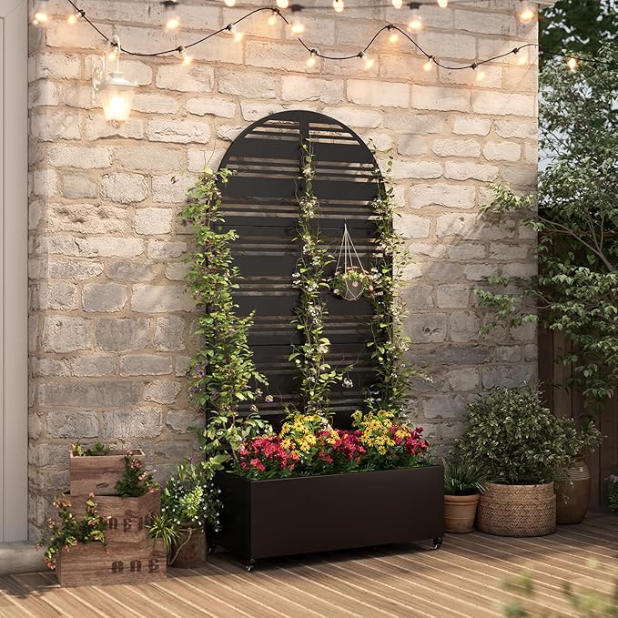 Metal Raised Garden Bed with Trellis & Wheels,72" x 35"x 15.7" Planter Box with Trellis,Privacy Planters for Patio,Garden Bed for Climbing Plants,Suitable for Climbing Plants and Vegetables,Black