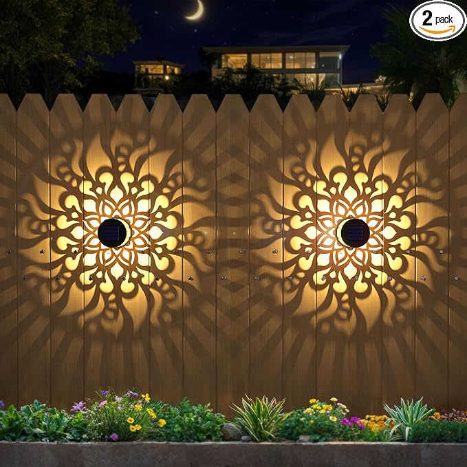 Solar Fence Lights 2 Pack Outdoor Deck Step Wall Lights Metal Waterproof LED Warm Yellow Light for Garden Post Patio Backyard Yard Decor (Mandala-2, 2)