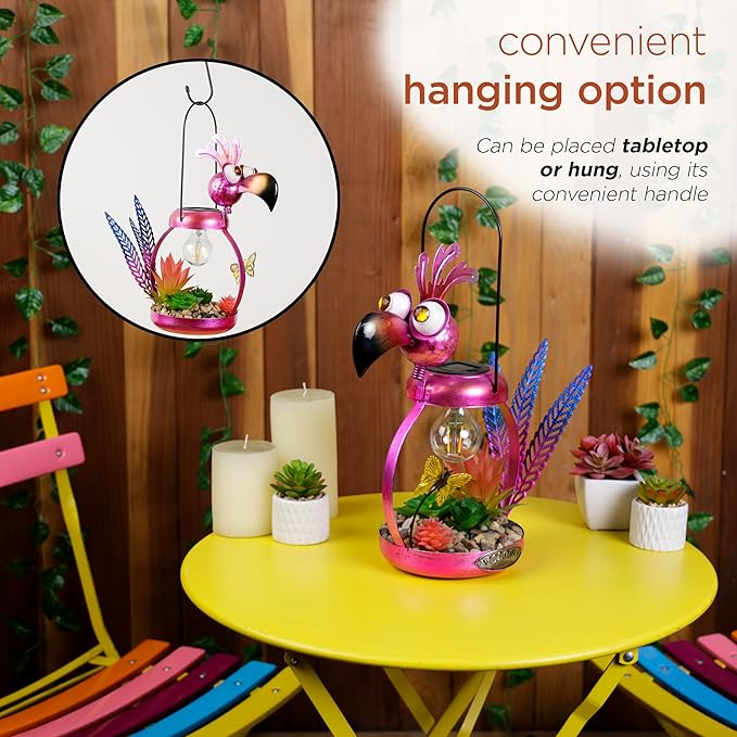 Alpine Corporation LYT288SLR-HH Solar-Powered Metal Flamingo w/Garden Enclosed LED Light, Solar Patio Décor, 16''H, Pink