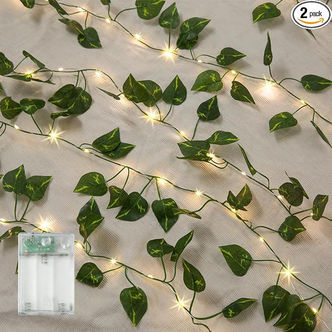 Vine with Fairy Lights, 2 Pack 40 LEDs Vine Lights Pothos Battery Operated Indoor String Lights, Artifical Garland Leaf Fairy Light Wall Wedding Garden Dorm Bedroom Decor