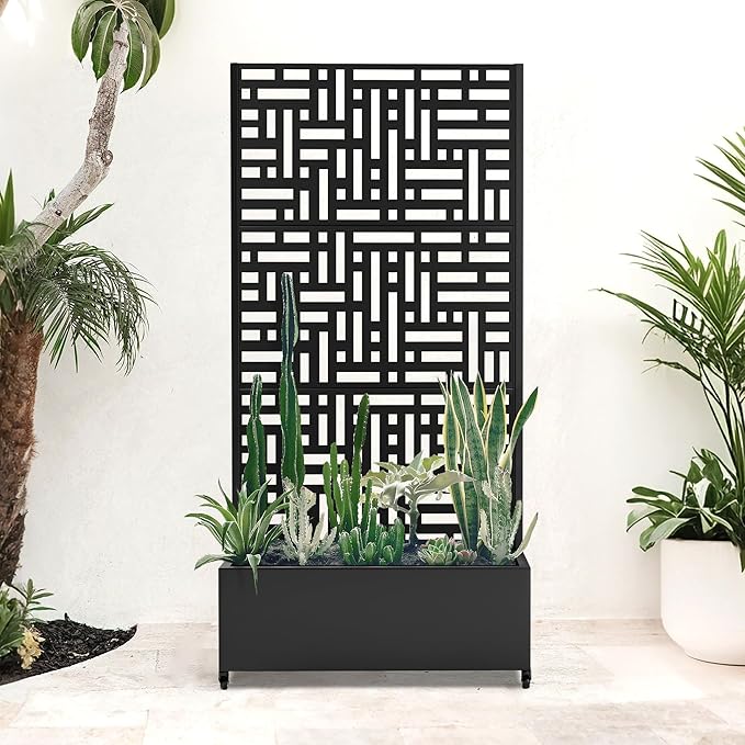 Metal Raised Garden Bed with Trellis Privacy Screen for Outdoor Plants, Planter Box with Wheels for Patio, 35"L×16"W×71"H Privacy Planters for Climbing Vegetables, Flowers, Fruits (Black Street)