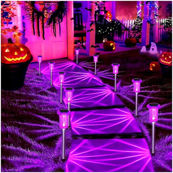 DenicMic Halloween Solar Lights Outdoor 15 Pack Waterproof Purple LED Stainless Steel Stake Outside Lights for Yard Pathway Garden Driveway Walkway Landscape Path Halloween Decorations Outdoor