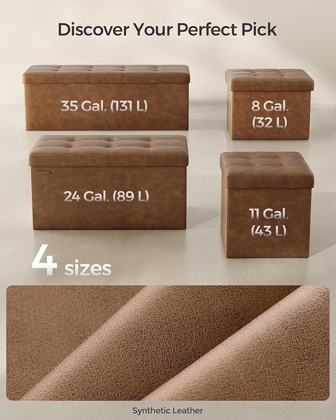 SONGMICS Mazie Collection - 30 Inches Folding Storage Ottoman Bench, Ottoman with Storage, Foot Rest Stool, Load 660 lb, for Living Room, Synthetic Leather, Coffee Brown ULSF040K11