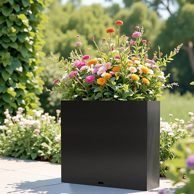 KOL Galvanized Steel Planter Box, with Insert Tray Drainage Holes, Rectangular Black Powder Coated Metal Planter, Outdoor Use, Heavy Duty Modern Flower Pot (Black, 36" H x 11" W x 32" L)