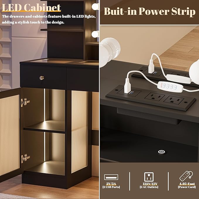 40" Vanity Desk with Large Mirror and Lights, Modern Glass Top Makeup Vanity Set with Power Outlet, Drawers and Cabinet, 3 Lighting Color Adjustable Dressing Table for Bedroom, Black