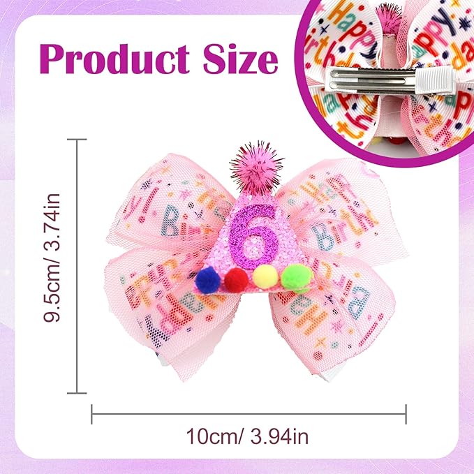 6th Birthday Hair Bow for Girls, Hot Pink Hair Clips Hair Accessories for Girls 1 2 3 4 5 6 Years Birthday Party Supplies Decorations