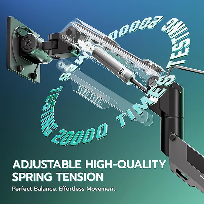 ARES WING Heavy Duty Single Monitor Arm - Gas Spring Aluminum Monitor Mount for 24"-57" Ultrawide Screens up to 66 lbs with Clamp/Grommet Desk Mount, 75/100/200 Vesa Mount, Black