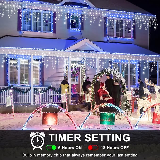 Icicle Lights for Outside - 33FT 400 LED Icicle Christmas Lights Outdoor with 75 Drops 8 Modes, Waterproof Connectable Curtain Hanging Lights for Indoor Eaves Wedding Patio Decorations, Cool White