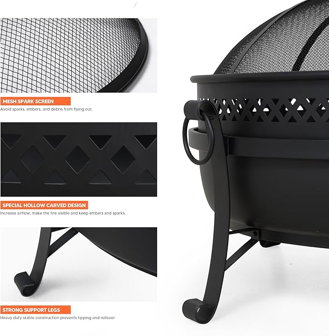 SUNCREAT Outdoor Patio Fire Pit with Mesh Spark Screen, 40" Portable Fire Pit for Camping, Black