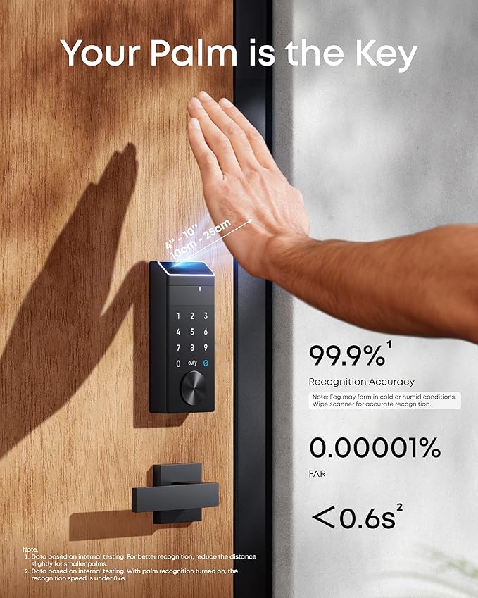 eufy FamiLock E34 Smart Lock with Palm Vein Recognition - Keyless Entry Door Lock for Front Door, Wi-Fi Keypad Deadbolt, ANSI/BHMA Grade 1, Auto Lock, Voice Control, IP65 Waterproof, No Monthly Fee