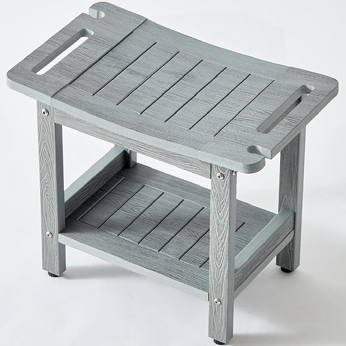 Waterproof Shower Stool for Inside Shower,Heavy Duty Bench for Shower, Plastic Bariatric Shower Bench with Handles & Shower Head Holder, Poly Lumber Shower Chair Seat with Storage Shelf (Gray)