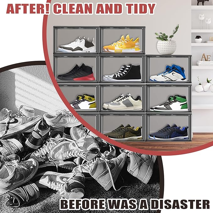10 Pack Large Clear Shoe Box Shoe Storage Organizer with Magnetic Door Stackable Shoe Containers for Sneakers, High Heels, Sport Shoes, Size 13