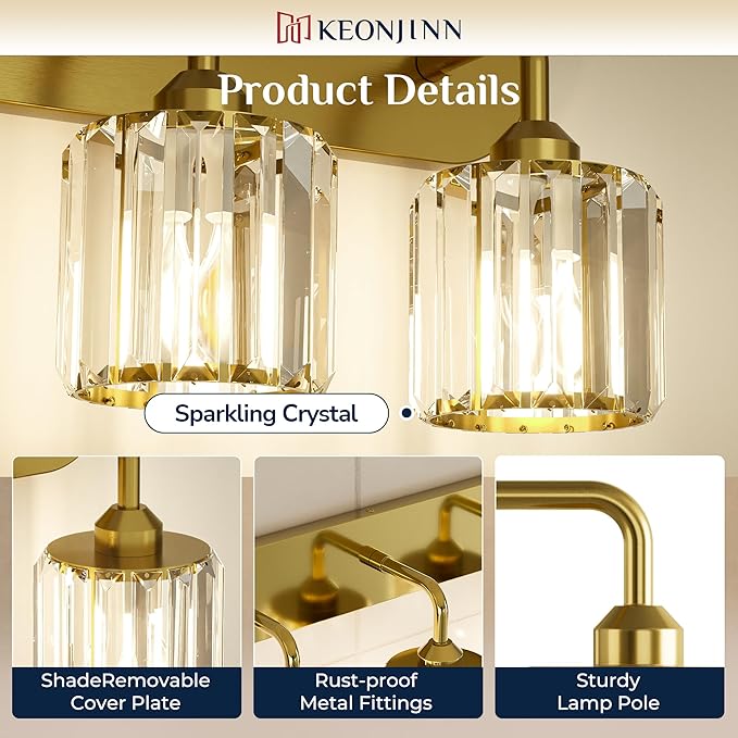 Keonjinn 3-Light Gold Bathroom Light Fixtures, Crystal Bathroom Vanity Lights Over Mirror, Gold Vanity Lighting Fixtures with Crystal Square Shades (E26 Base, Blub Not Included)
