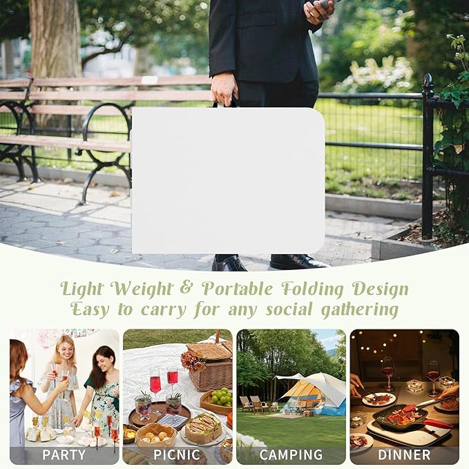 8 FT Folding Tables White Foldable Table, Fold-in-Half with Carrying Handle Portable Plastic Rectangular Table for Party, Dining, Wedding, Camping, Picnic, Indoor Outdoor Events