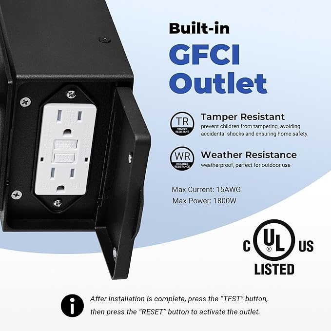 Porch Light with GFCI Outlet, Black Motion Sensor Outdoor Lights 2-Pack, Outside Wall Lights for House, Garage, Doorway, Garden, Aluminum Waterproof and Anti-Rust, Distance and Time Adjustable