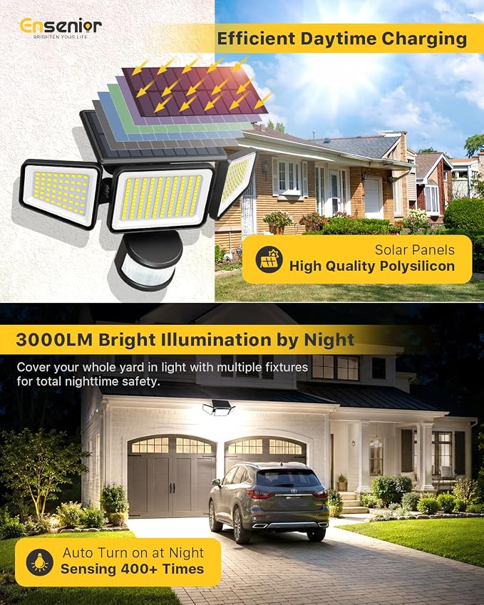 Ensenior Solar Motion Lights Outdoor, 228 LED 3000LM High Brightness Security Lights with Remote Control, IP65 Waterproof 3 Heads Flood Light 4 Modes, 270° Wide Angle Motion Sensor Light, 2 Packs