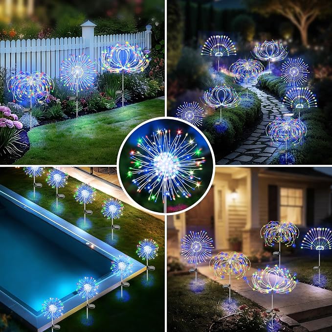 Solar Garden Lights Outdoor, 4 Pack 120 LED Twinkling Firework Lights Decorative with 2 Modes, Outdoor Waterproof Solar Starburst Light for Yard Pathway Planter Patio Decor, Multicolor