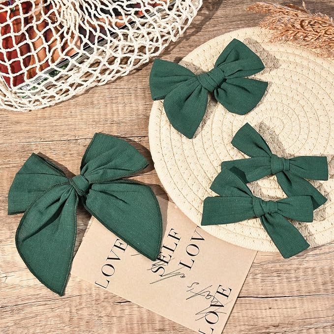 DEEKA 4 PCS Dark Green Cotton Linen Hair Bows 3 Styles 5" & 4" Handmade Hair Bow set for Toddler Girls Alligator Hair Clips Knot Bows Hair Accessories for Little School Girls (Dark Green)