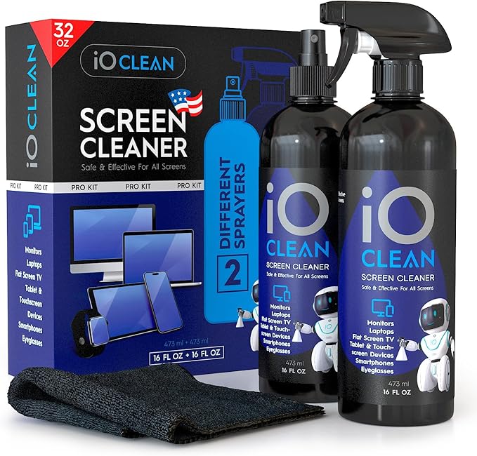Screen Cleaner Spray (16oz+16oz) – Best Large Cleaning Kit for LCD LED OLED TV, Smartphone, iPad, Laptop, Touchscreen, Computer Monitor, Other Electronic Devices – 2 Microfiber Cloths and 4 Nozzles