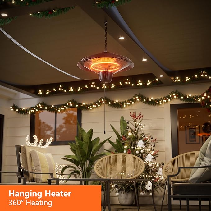 Patio Heater for Outdoor Use 1500W Electric Infrared Hanging Heater, Ceiling Mounted, Waterproof for Porch, Garage, Balcony, Overheat Protection Brown