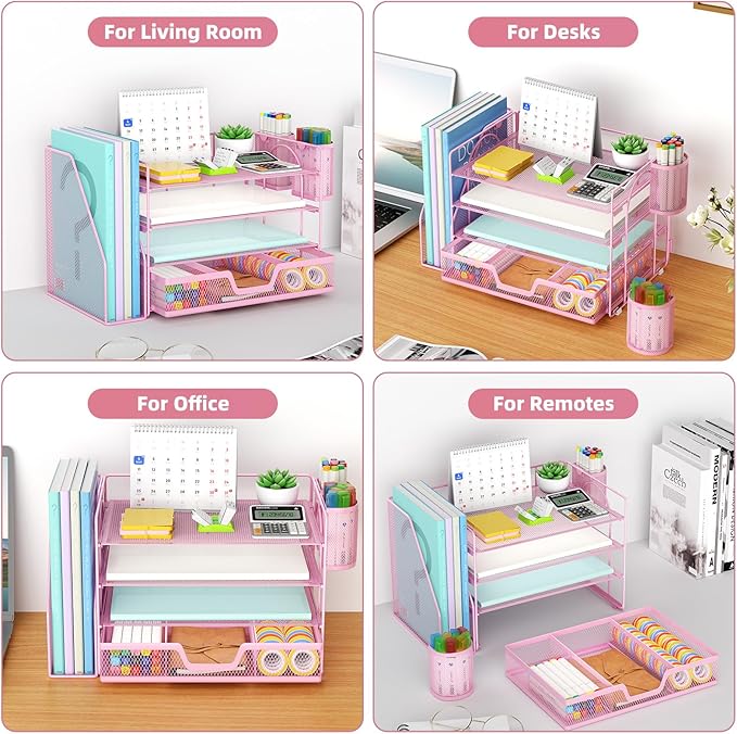 Marbrasse Desk Organizer and Accessories，4-Tier Paper Letter Tray Organizer with File Holder, Workspace Desk Organizers Accessories with Drawer and 2 Pen Holder (Pink, 15.4" x 9.1" x 8.3")