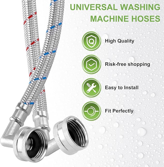 Washer Hose 6ft,Stainless Steel Washing Machine Hose 6 Foot with 90 Degree Elbows 2 Packs Braided Premium Washer Hoses Supply Lines-Washer Hoses 6ft Hot and Cold Striped Water Connection-by MIFLUS