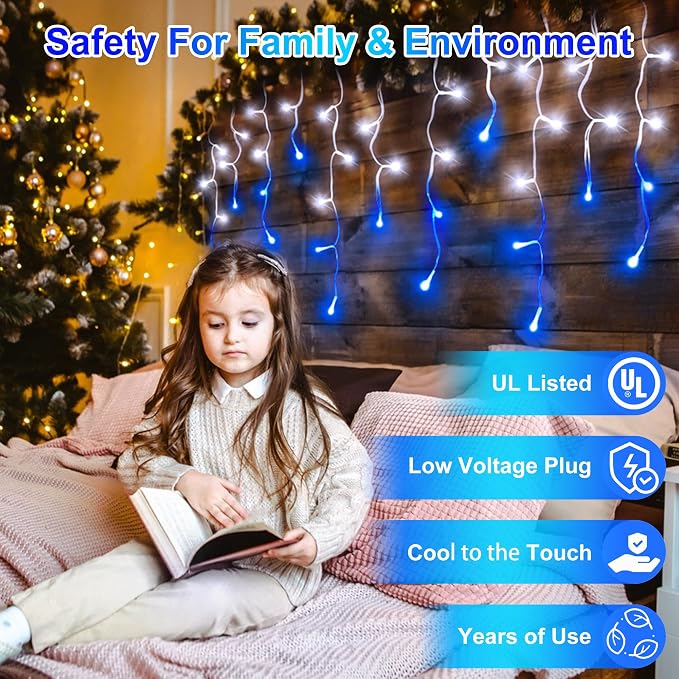 504LED 50ft Christmas Lights, 112Drops 12 Modes Christmas String Lights Outdoor Dimmable, Waterproof Christmas Decorations Fairy Lights with Timer Memory for Party Patio Window Fence Blue & CoolWhite