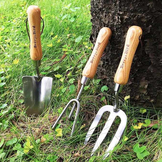 Berry&Bird Garden Tool Set 3 Pieces Stainless Steel Heavy Duty Gardening Kit Includes Hand Trowel, Hand Cultivator and Hand Fork with Wood Handle for Weeding Transplanting Digging, Ideal Garden Gifts