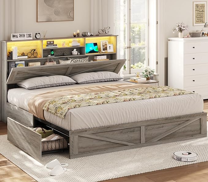 VIAGDO Farmhouse Bed Frame King Size with Bookcase Storage Headboard, Charging Station and LED Lights, Wooden King Bed Frame with 4 Drawers, Barn Door Design, No Box Spring Needed, No Noise, Grey