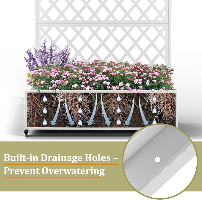 Metal Planter Box with Trellis, Heavy-Duty Raised Garden Bed for Climbing Plants, Drainage Hole, Outdoor Planter Box with Privacy Screen，47''L×16''W×71''H