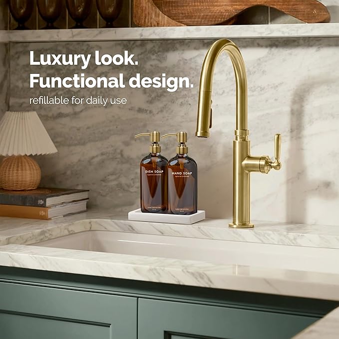 Vine Creations Amber Glass Soap Dispenser Set, Kitchen Soap Dispenser Set with Ceramic Tray, 16 oz Dish Soap and Hand Soap Dispensers with Stainless Steel Pump Decor (Amber Bottle/Brushed Brass)