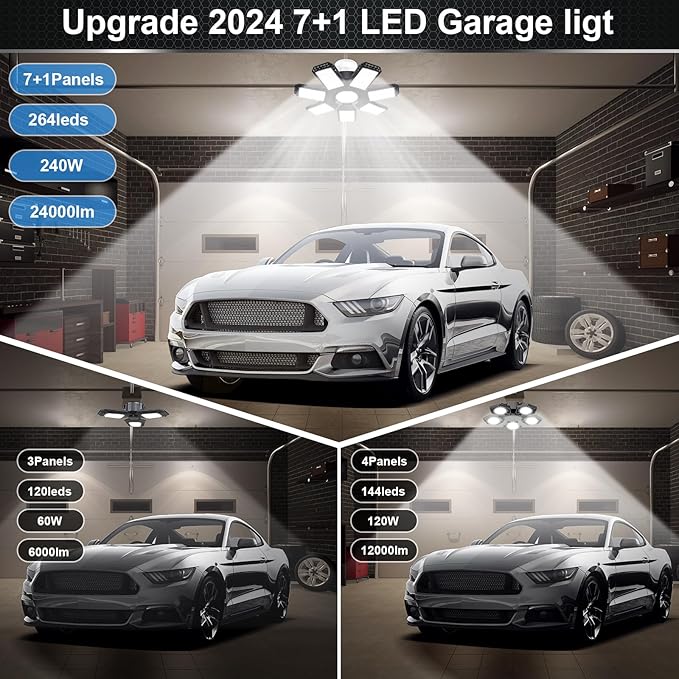 2 Pack LED Garage Light, 240W 24000LM 6500K LED Shop Lights, Garage Lights Ceiling Led with 7+1 Deformable Panels, E26/E27 Bulb Socket Lighting for Shop, High Bay, Attic, Basement, Warehouse