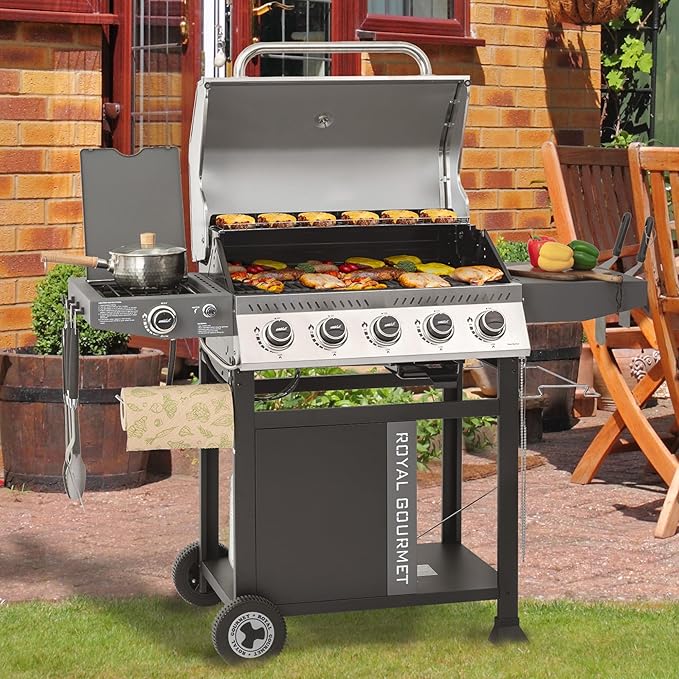 Royal Gourmet GA5406TS 5 Burner Propane Gas Grill with Side Burner and Sear Burner, Cart Style Gas BBQ Grill with Porcelain-Enameled Cast Iron Grates for Backyard Cooking, Silver & Black