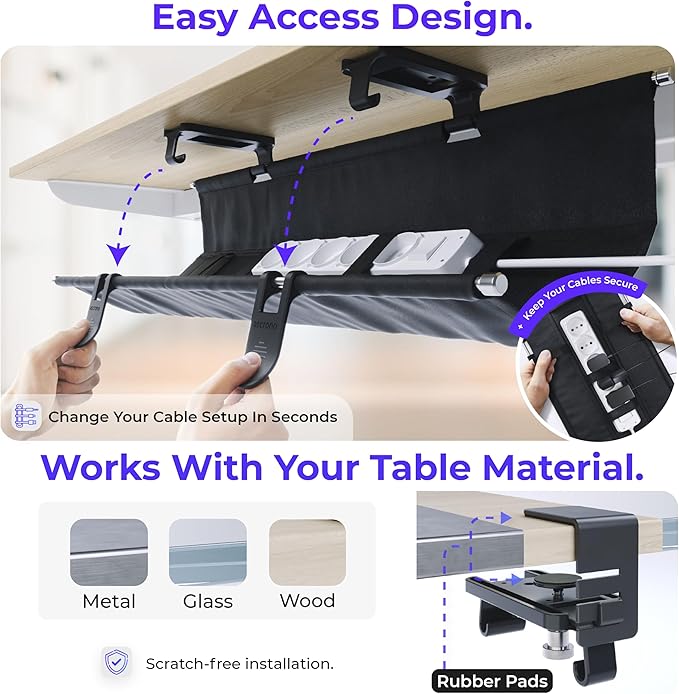 Ascrono Original No Drill Under Desk Cable Management Tray 14.1" - Premium Black Fabric Cable Management Under Desk - Clamp/Screw Mount Cord Organizer - Supports Upto 66lbs