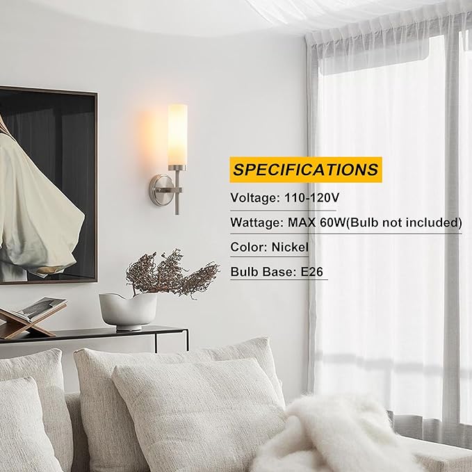 Wall Sconces Set of Two,Brushed Nickel Bathroom Sconces Wall Lighting with White Glass, Modern Sconces Wall Decor Set of 2 Wall Light fixtures for Bathroom Mirror Living Room Hallway Bedroom Wall Lamp