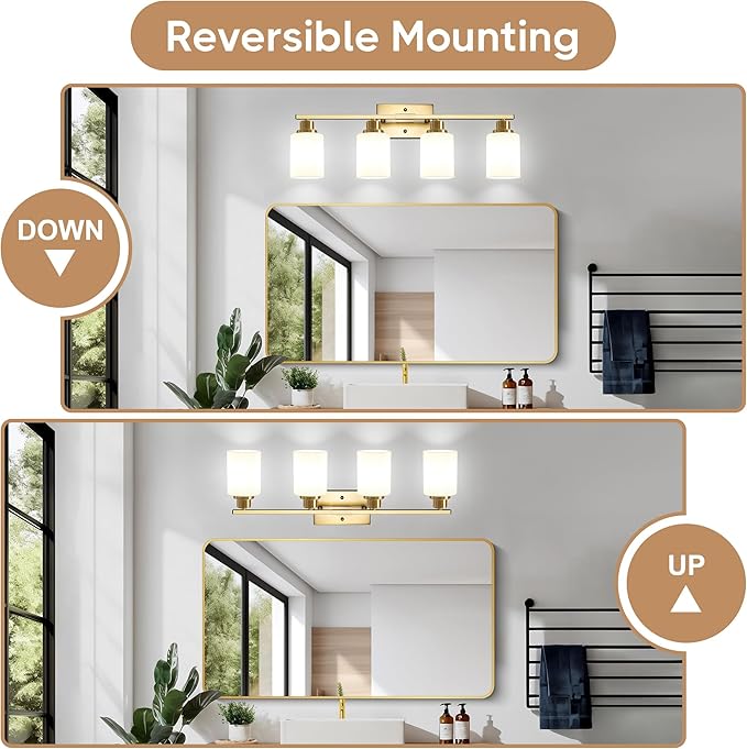 Ascher Bathroom Light Fixtures, 4-Light Vanity Light Over Mirror, Gold Wall Sconces with Milky White Frosted Glass Shades, Wall Lamp for Living Room Bedroom, E26 Base(Bulbs Not Included)