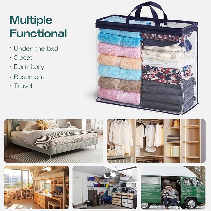 10 Pack Clear Storage Bags for Clothes, 22L Blanket Storage Bags, Under Bed Storage, Closet Organizers Bag, Upgraded Version Two-Way Zippers Design(Navy Blue)
