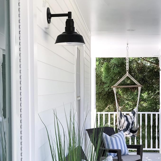 Steel Lighting Co. Hawthorne Barn Light | Outdoor Wall Mounted | 8 inch Dome | 11 inch Straight Arm| Small Farmhouse Light Made in America | Black Exterior/White Interior