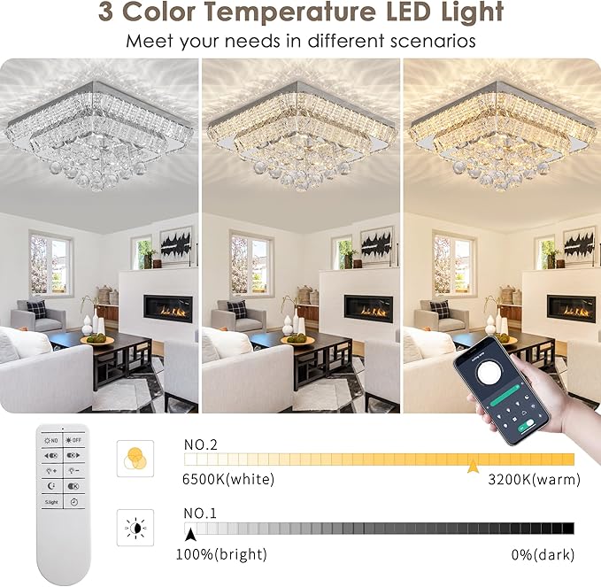 18" Crystal Ceiling-Light Flush Mount with Remote Control and APP, 3 Colors Temp & Brightness Adjustable, Modern Crystal Raindrop Chandeliers for Bedroom Hallway Dinning and Living Rooms-square