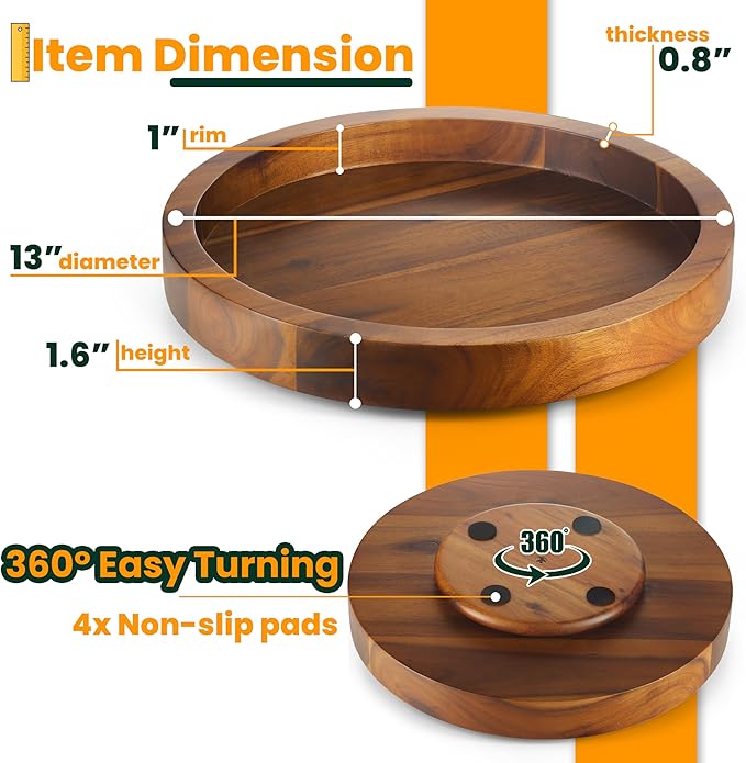 TIDTIA 13" Acacia Wood Lazy Susan Organizer for Cabinet - Round Lazy Susans Turntable for Countertop - Wooden Kitchen Rotating Storage Food Bin Container for Centerpiece Table, Spices, Pantry
