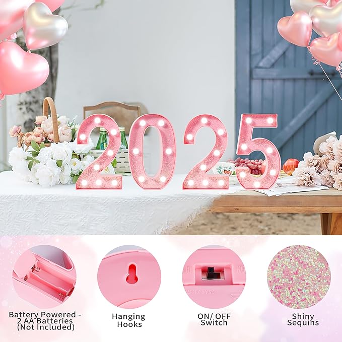 Pink Light Up Marquee Numbers, Glitter LED Number Lights Sign Battery Operated for Girls 2nd Pink Birthday Party Table Decorations, 2026 Graduation Decor, 8 Inch Number 2 with Cool White Lights