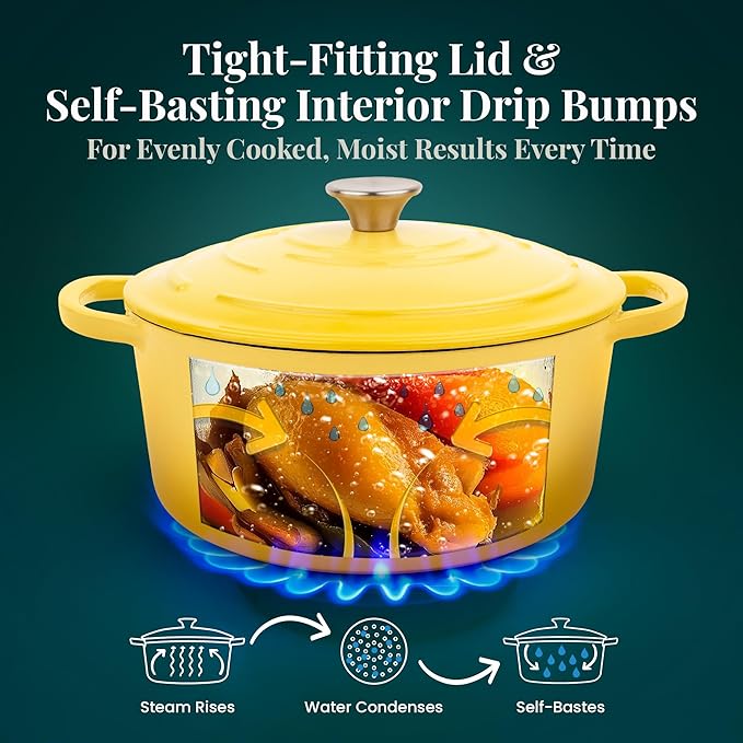 Larder & Vine Enameled Cast Iron 5.7qt Dutch Oven Pot with Lid | Bread Baking | Compatible on All Cooktops & Oven Safe to 500° F | Great for Sourdough Bread | Limoncello